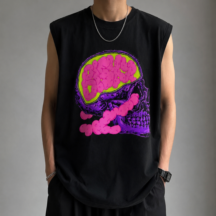 Camiseta Regata Unissex Oversized Streetwear Caveira Roxa Estampa Skull
