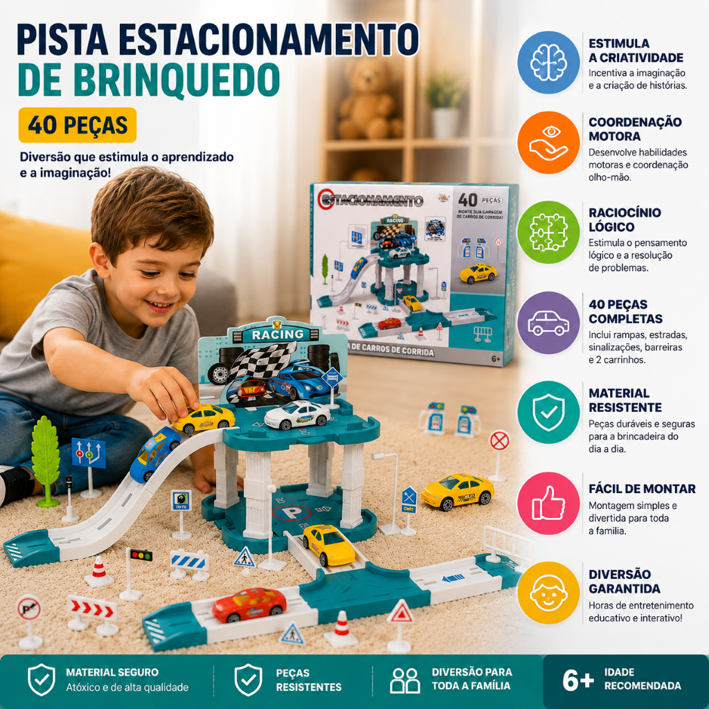 Pista Brinquedo Estacionamento Infantil 40 Pecas Diversao Educativo Carros Montagem