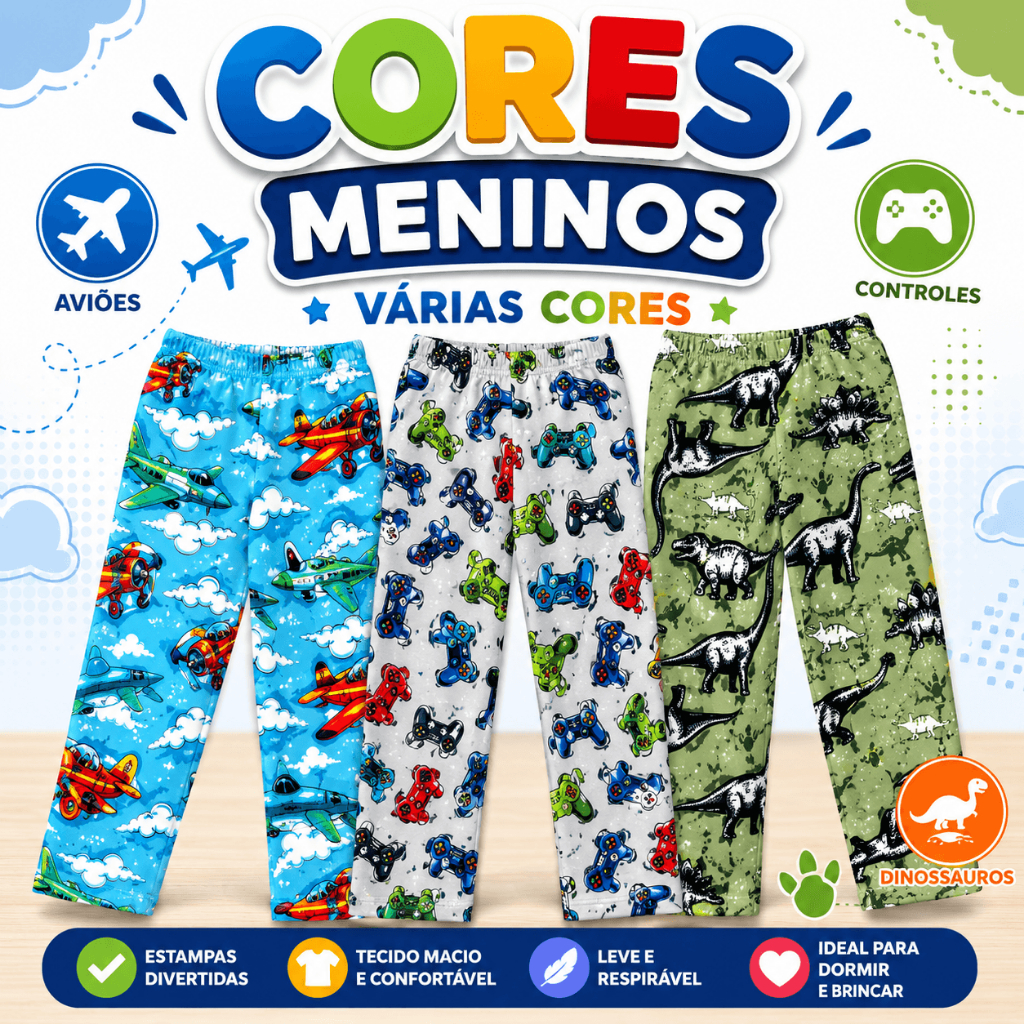 Kit C/ 3 Calças de Pijama Lisas ou Estampada Infantil Menina e Menino de Elanca