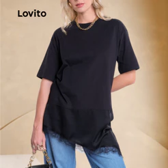 Lovito Camiseta Renda Moda Trendy Feminina Oversized com Barra Assimétrica TSB20412071
