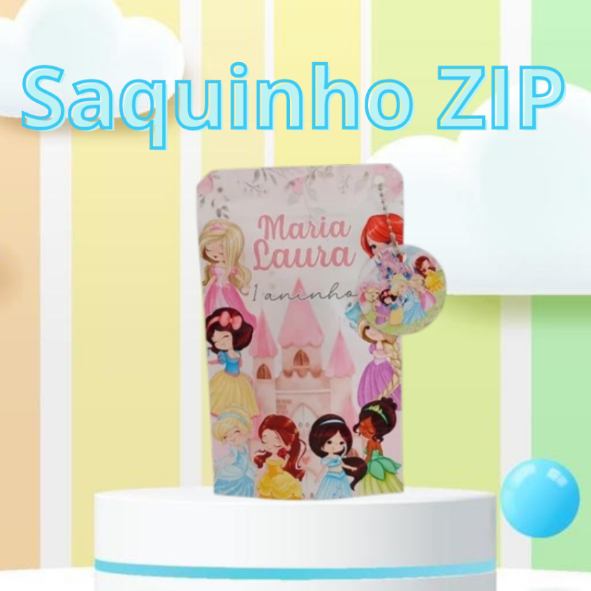 Saquinho Metalizado 12x19 com Fecho Zip Personalizado PRINCESAS Festa Lembrancinha