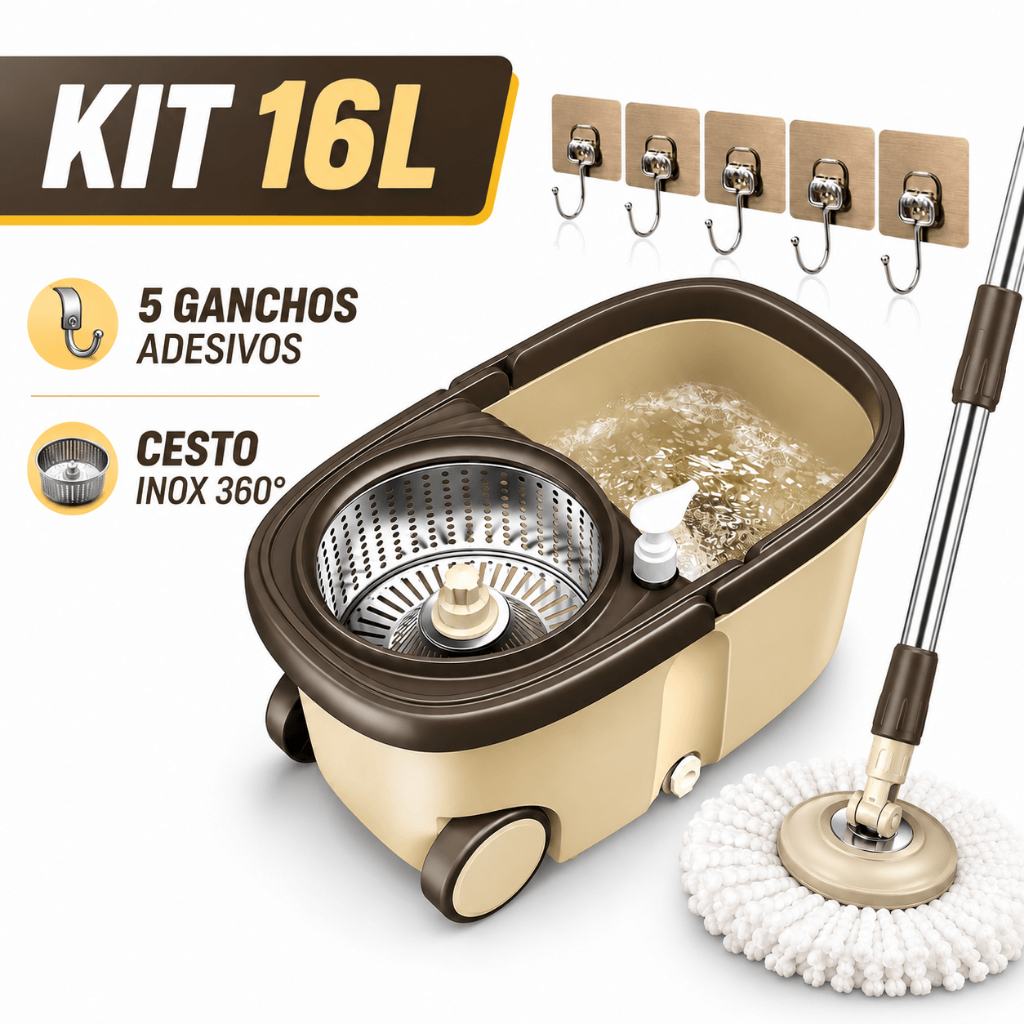 Esfregão Giratório 16L com Balde e Cesto Inox 360° | Kits com Refis, Pano ou 5 Ganchos
