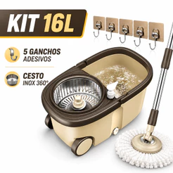 Esfregão Giratório 16L com Balde e Cesto Inox 360° | Kits com Refis, Pano ou 5 Ganchos