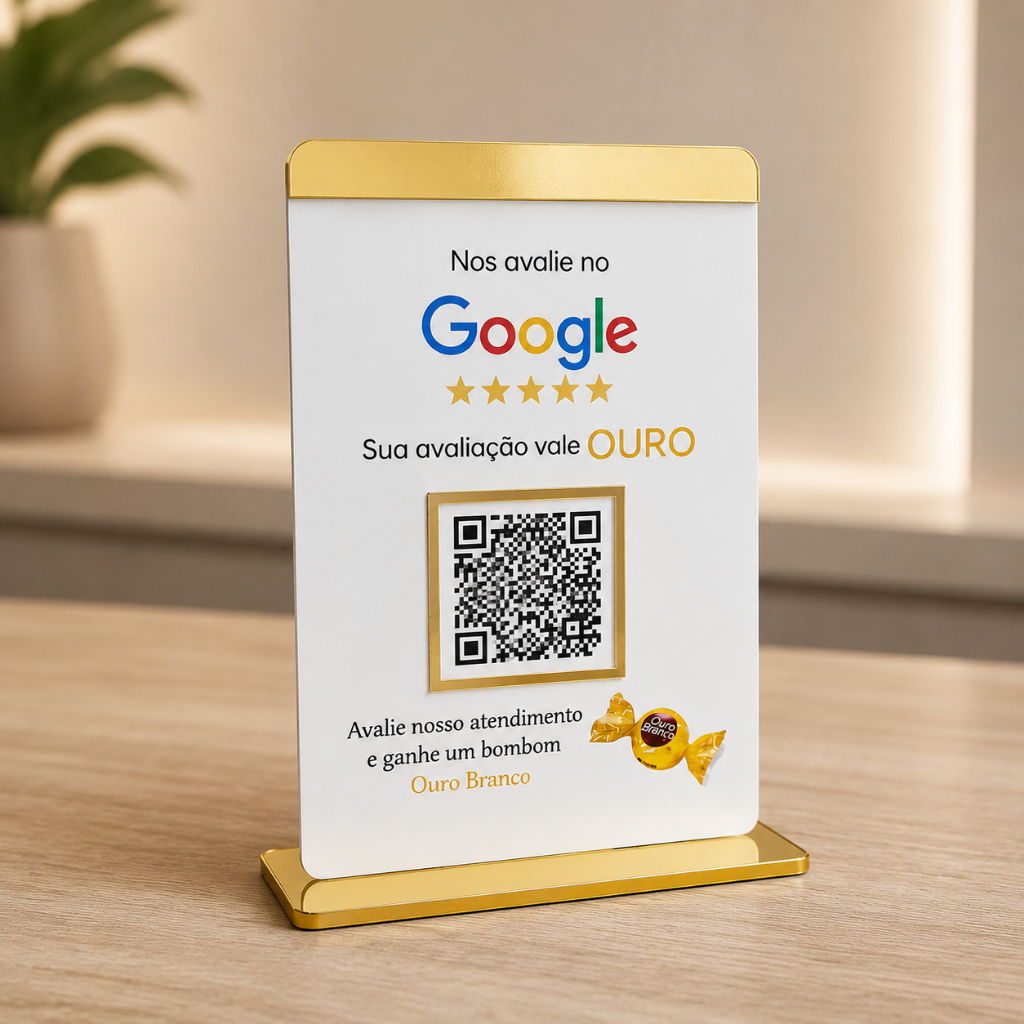 Display Avaliação Google Sua avaliaçao vale ouro QR Code Mesa MDF e acrílico Premium 15x10 cm