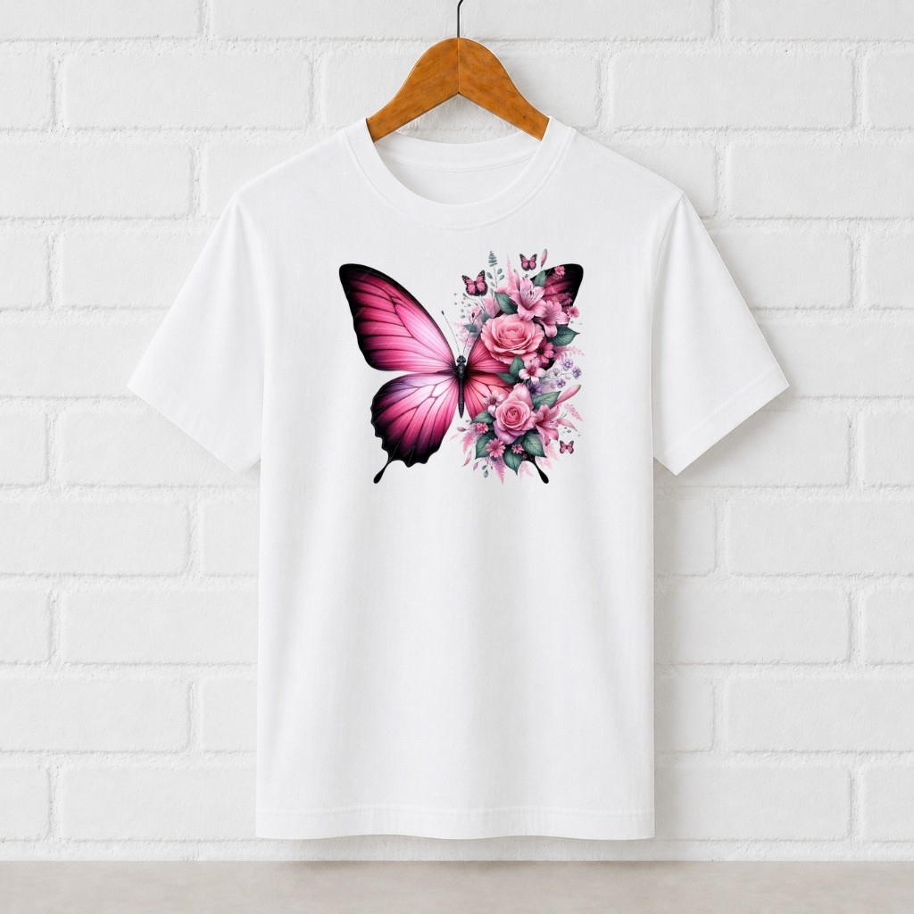 Camiseta Feminina Estampada Borboleta Rosa Floral Aesthetic Flor 100% Algodão Unissex Confortavel