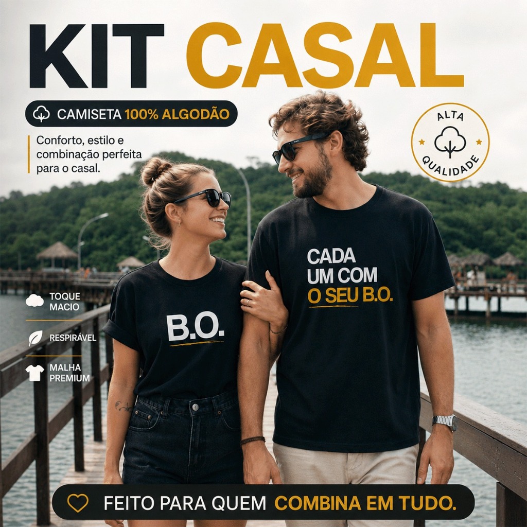 Conjunto Kit Casal 2 Camisetas "Cada Um Com Seu B.O" T-Shirt Unissex 100% Algodão Premium Namorados