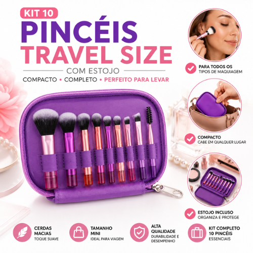 Kit 10 Pincéis de Maquiagem Profissional com Estojo Cerdas Macias para Base Blush Pó Contorno Sombra Corretivo Luxo