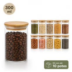 Pote Hermético 300 ml de Vidro Tampa Bambu Organizador Cozinha Mantimentos Temperos Grãos Cereais