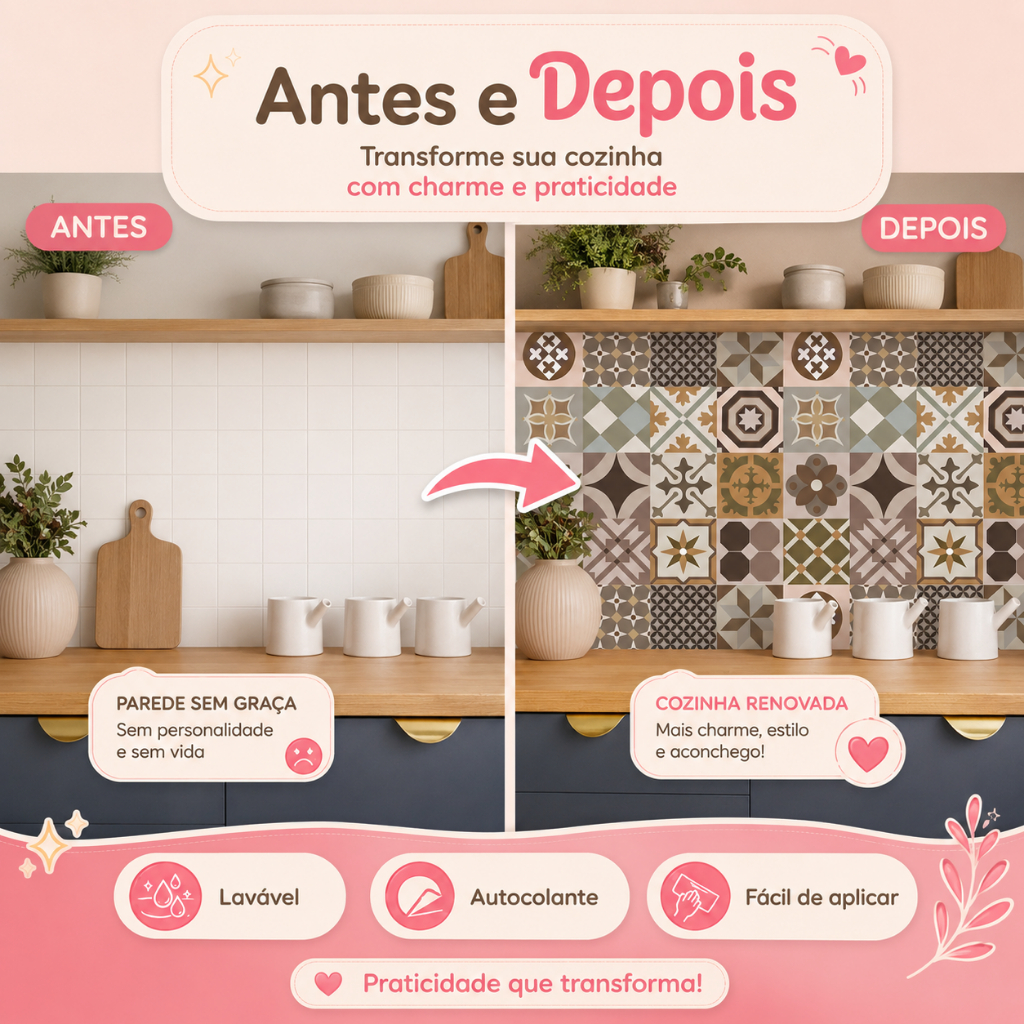 Detalhes do Papel de Parede Adesivo Vinílico Lavável Azulejo de Cozinha Tons Marrom e Bege