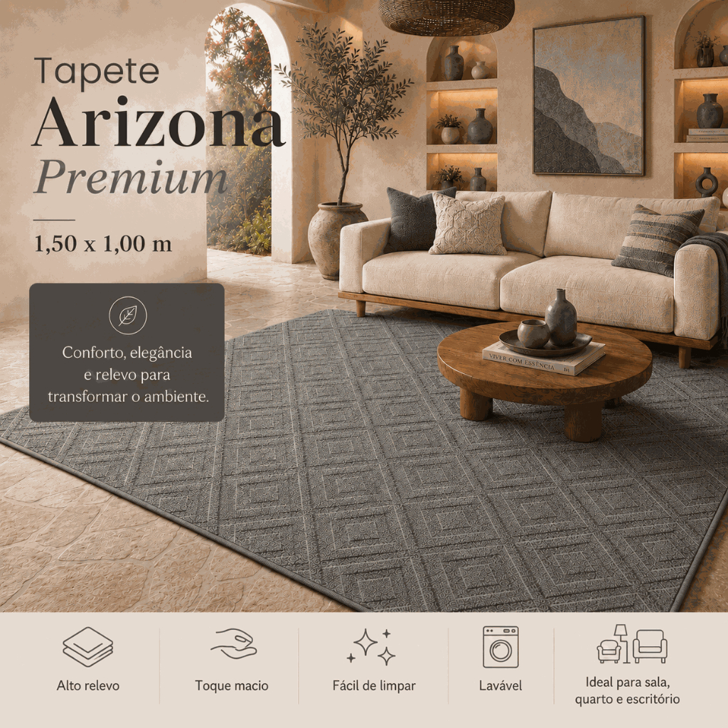 Tapete Premium 1,50x1,00 Sala Quarto Escritório Geométrico Alto Relevo Macio Antiderrapante Cinza