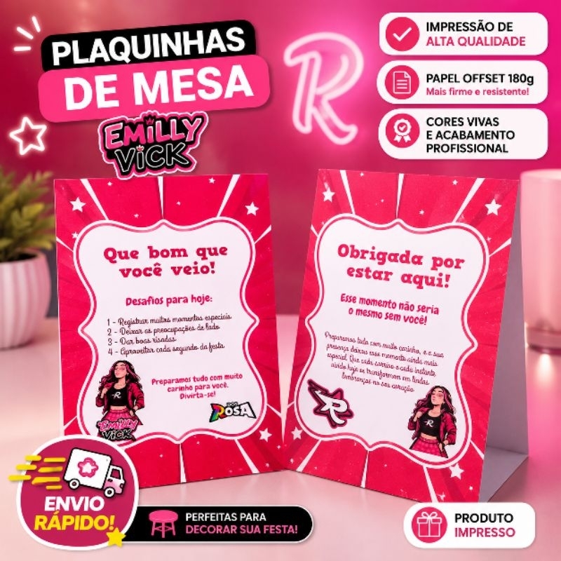 ENVIO RÁPIDO Kit Plaquinha de Mesa Emilly Vick dos Rosa Festa Lembrancinha Aniversário Infantil  Aniversário