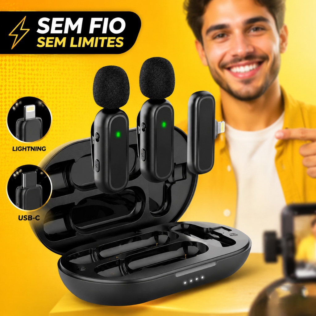 Microfone Duplo Sem Fio Lapela Compatível iPhone Tipo C para Vlog Gravação e Entrevista