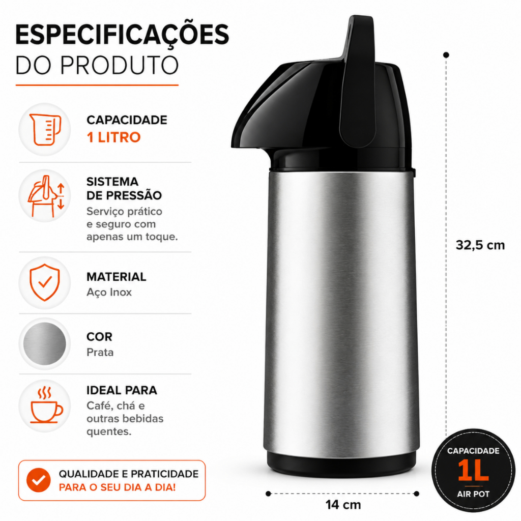 Detalhes do Garrafa Térmica Para Café Chá De Pressão Conserva Quente E Frio Air Pot New 1L - Invicta