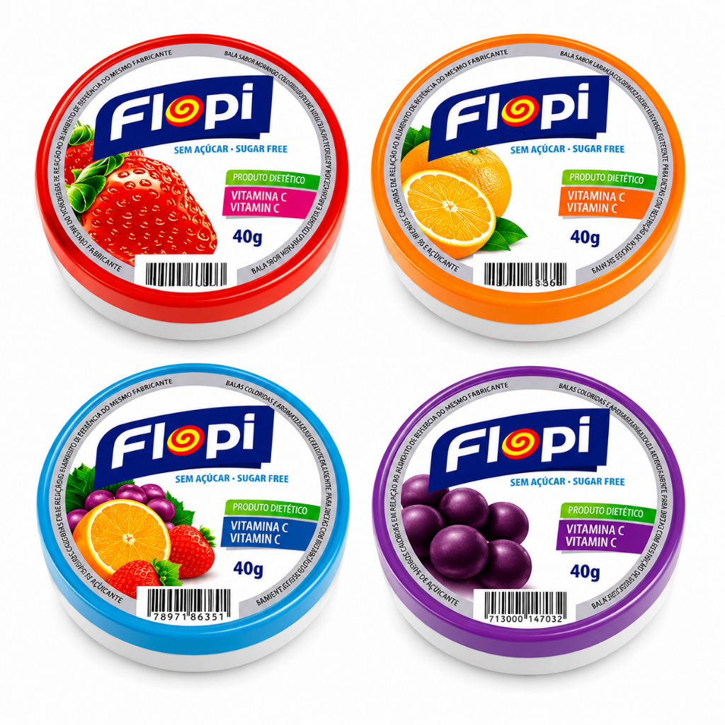 Kit C/4 Balas Flopi Diet Sem Açucar 40g Sabor Laranja, Uva, Sortido e Morango Florestal
