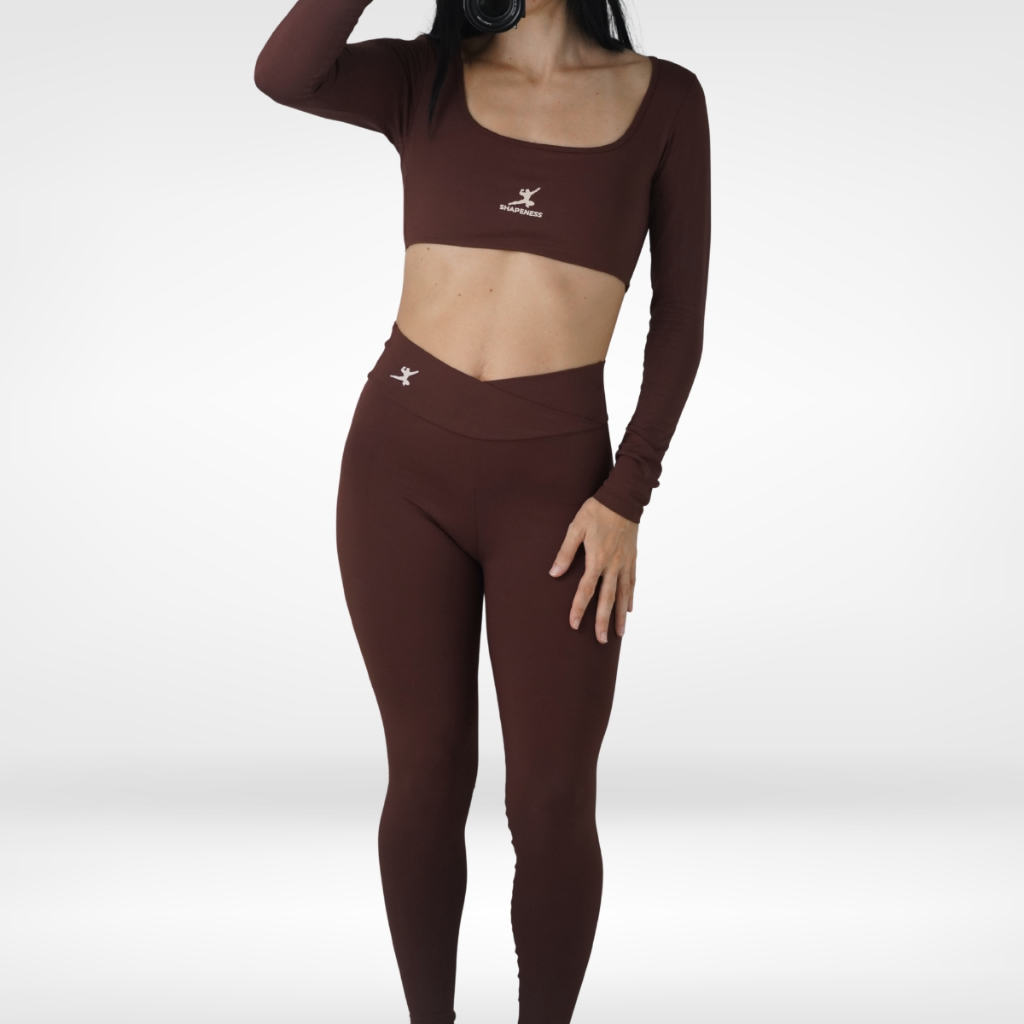Conjunto Academia Feminino Premium Zero Transparência Cropped Manga Longa + Legging Cós Alto Modelador