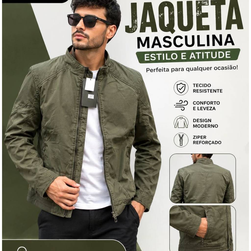 JAQUETA MASCULINA SARJA FORRADA BOLSOS COM ZIPER PUNHO E BARRA COM ELASTICO