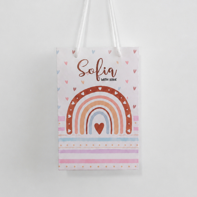 Sacolinha Surpresa Arco-Íris Boho Branco Personalizada Lembrancinha Sacolinha Tamanho P