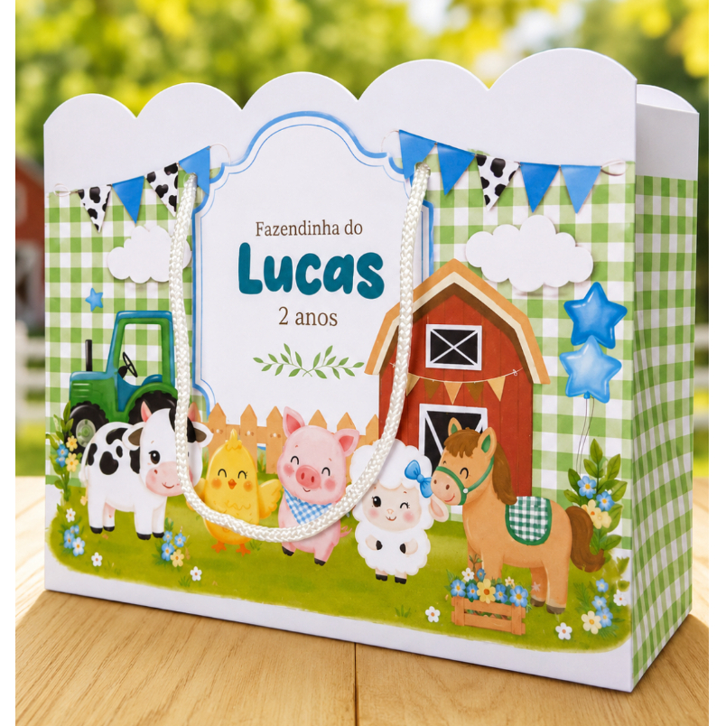 Kit Sacolinha Personalizada Fazendinha Azul Menino 20x15x5cm – Para Montar - Lembrancinha Infantil