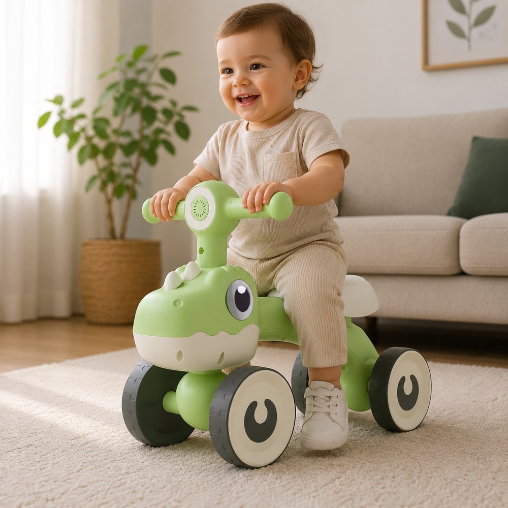 Balance Bike Bicicleta Baby Dino Infantil Equilíbrio  Luz Led Quatro Rodas  Cor Verde ou Marrom
