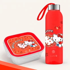 Garrafinha De Água Inox e Pote Hello Kitty Rosa 800ML Plástico Com Tampa Alça Infantil
