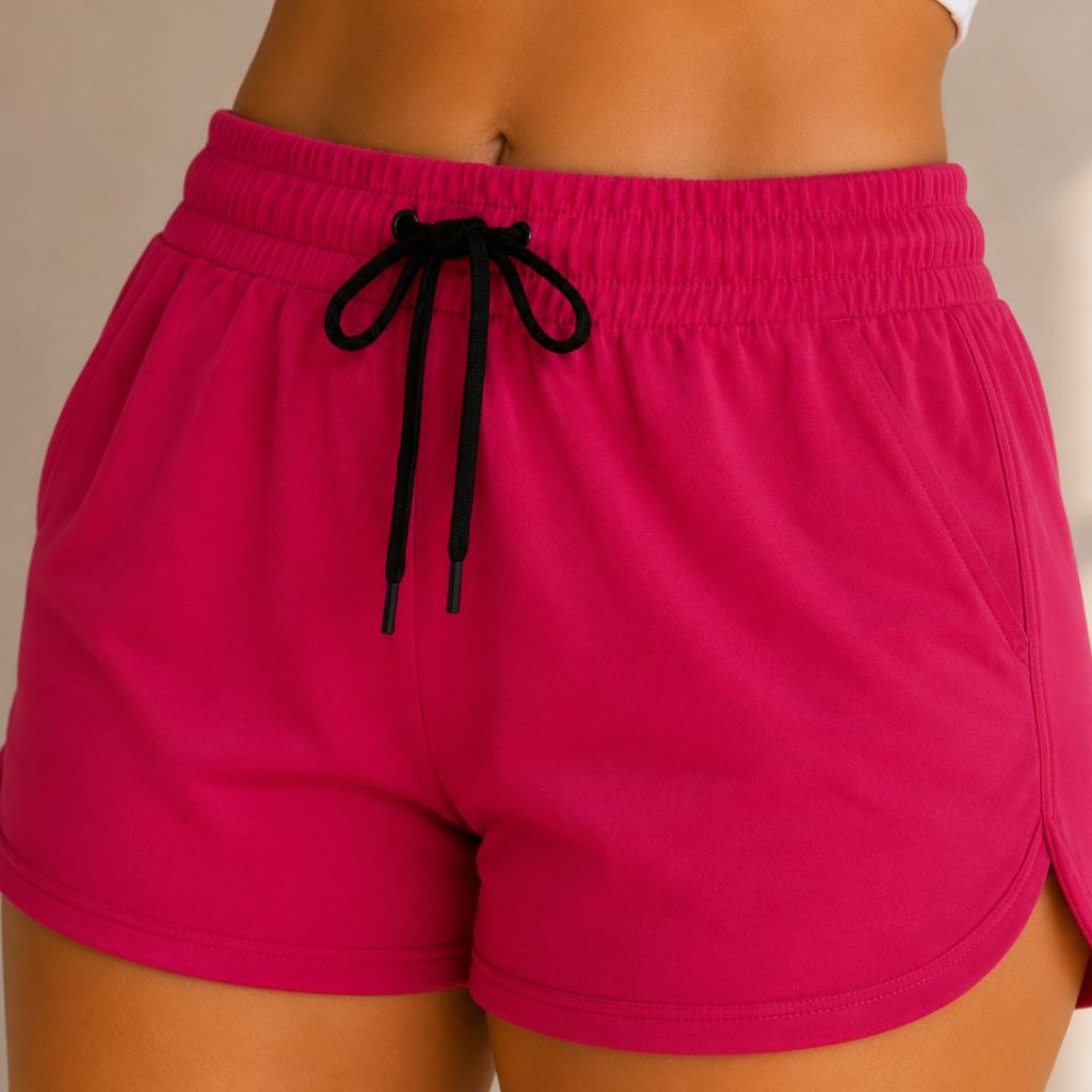 Short Tactel Pink Estiloso com Elastano Feminino para Academia, Piscina e Dia a Dia com Bolso Lateral