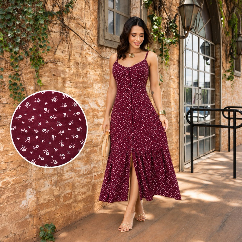 Vestido Midi Feminino Estampa Liberty Elegante Luxo Viscolinho Confortável Forrado Bojo Alça Regulável Botões Funcionais