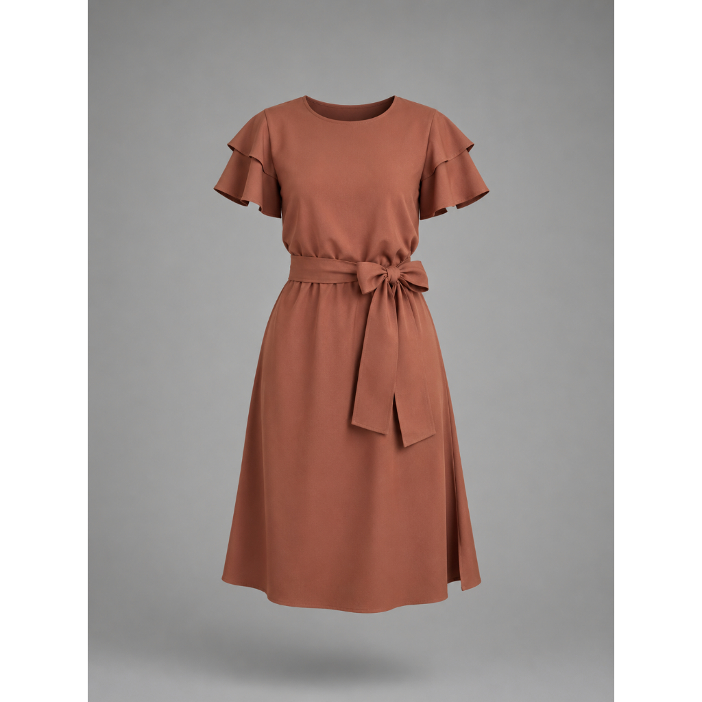 Vestido Feminino Midi Acinturado Casual Social Manga Babado Com Faixa Elegante Igreja Trabalho Confortável