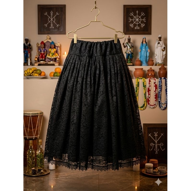 Saia de renda preta longa umbanda e candomblé, para lebara em renda preta com forro 3m de roda, Exu, pombo gira, umbanda