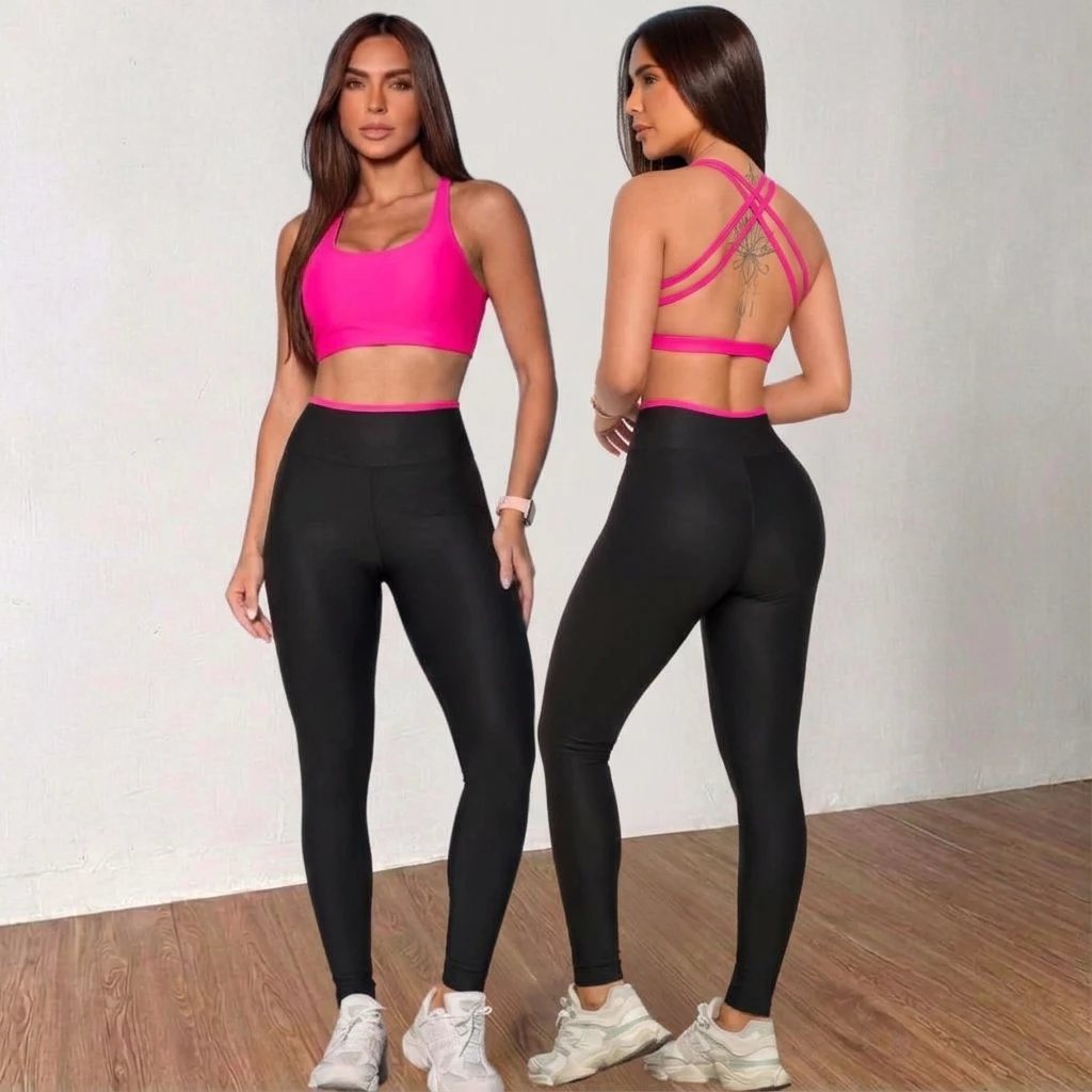 Conjunto Feminino Fitness para Academia Top Costas Cruzadas Calça Cintura Alta Look Treino — imagem 1