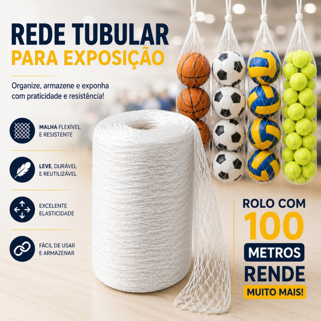Rede Tubular Para Exposição Bolas Legumes Frutas 100m Embalagem Plástica Rolo Redinha Com Furo Malha