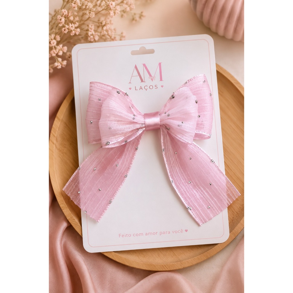 Laço de Princesa - Laço para menina Rosa - Laço de organza - strass - laço para cabelo de menina