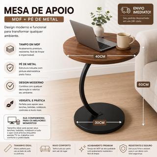 Mesa Lateral Apoio Grande 39,5x59,5 Redonda Canto Quarto Mdf Pé De Metal Casa Branco Madeira