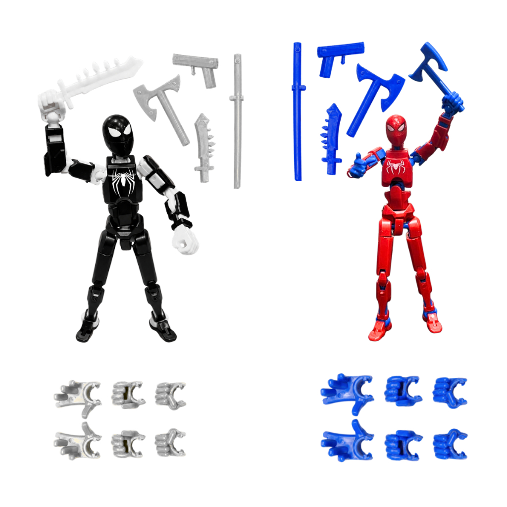 Kit 2 Boneco Articulado Homem Aranha Spider Dummy 13 Decoração + Kit Armas Arsenal Completo Machado Espada Facão Coleção