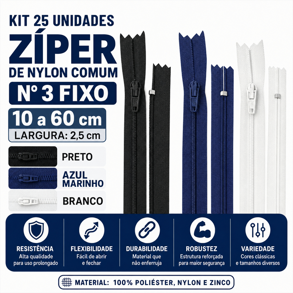 Kit 25 Unidades Zíper de Nylon Comum Nº 3 Fixo 10 a 60cm Preto/Azul Marinho/Branco