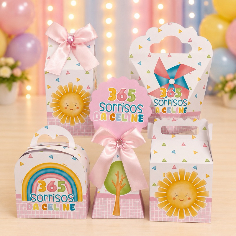 Kit Festa 365 Sorrisos Rosa Caixinhas para festa infantis lembrancinhas de aniversario mimos decoração personalizados