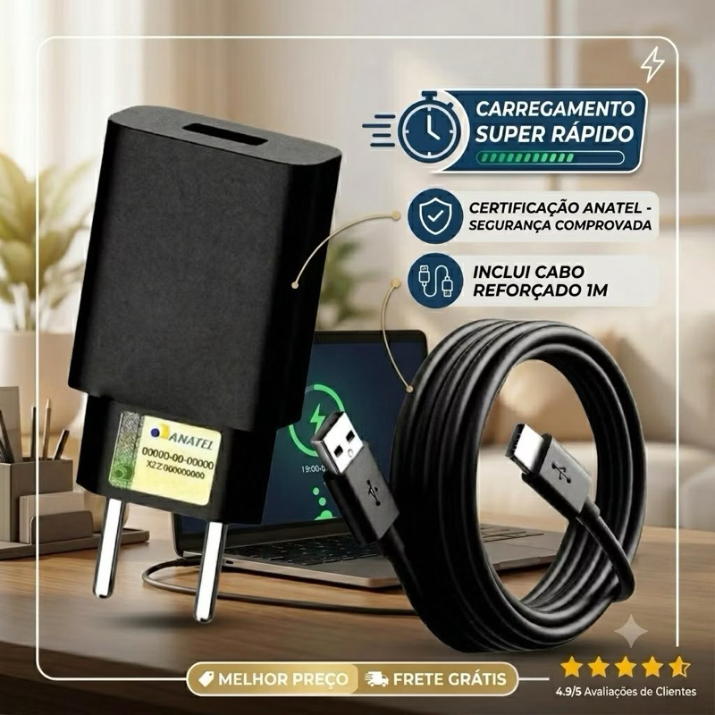 Carregador Turbo Power Motorola + Cabo USB-C Carregamento Rápido