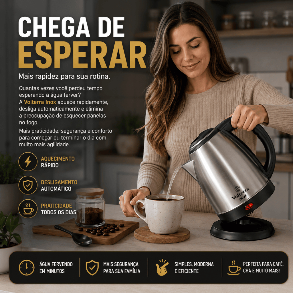 Chaleira Elétrica Inox 1,8L 1000W 127V Desligamento Automático Base 360° Aquecimento Rápido