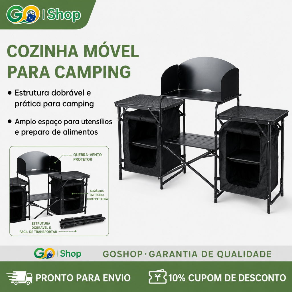 GOSHOP Carrinho Organizador Cozinha Portátil Dobrável com Prateleiras Mesa Camping Churrasco Piquenique Móvel Externo