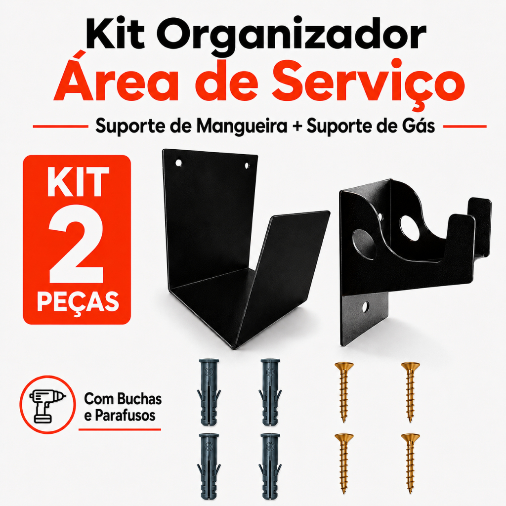 Kit Organizador Área de Serviço Suporte Botijão Gás + Suporte Mangueira Parede