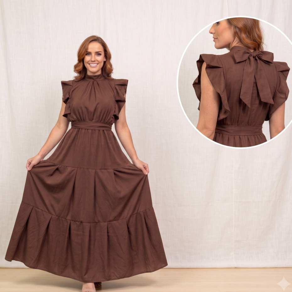 Vestido Feminino Longo Luxo, Evangelico  Festa Saia três Marias com Babado Tecido Crepinho Premium