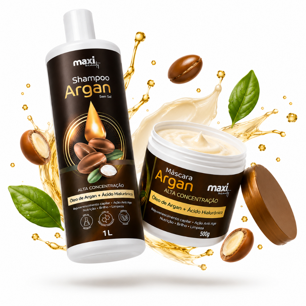 Kit Capilar Argan Shampoo 1L + Máscara 500g - Hidratação Intensa Brilho Controle Frizz  – Maxi Beauty