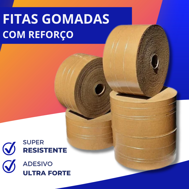 3 Fitas Gomadas 80mm Com Reforço 1 KG Lacra Embalar Caixas Papelão
