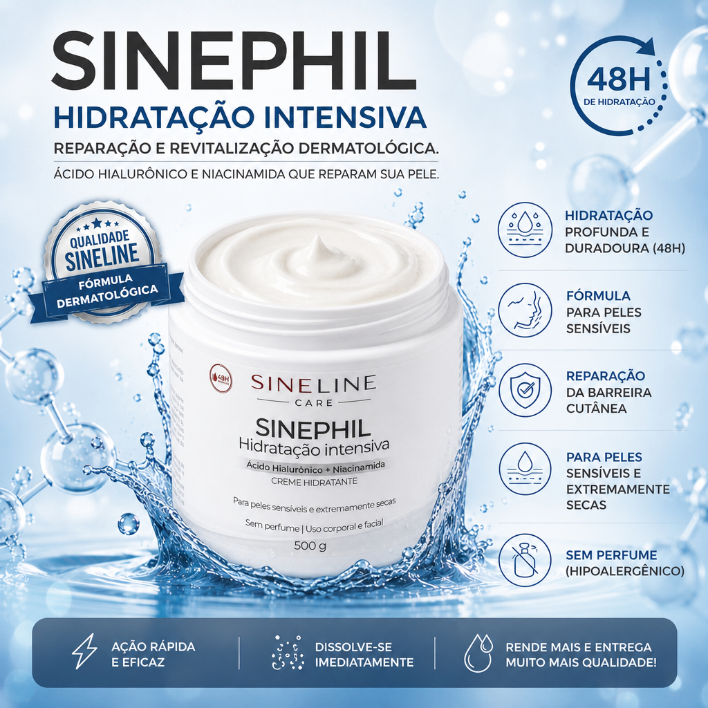 Creme Ultra Hidratante 500g Sinephil Peles Secas e Ressacadas Hidratação Profunda com Ácido Hialurônico
