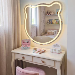 Espelho Decorativo Infantil Formato Urso Jateado com 3 tons de LED e fonte slim Varias medidas Ursinho Quarto Infantil