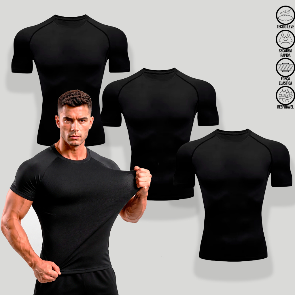 Kit 3 Camiseta Compressão Preta Masculina DryFit Tecido Respiravel Premium Treino Academia Esportivo