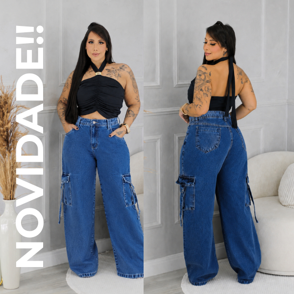 Calça Wide Leg Jeans Cargo Plus Size Feminina Sem Elastano Moda Grande