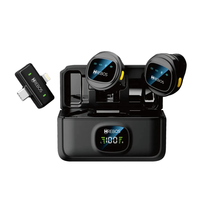 Microfone Lapela Sem Fio Duplo USB-C Lightning p/ iPhone Android Redução de Ruído Hrebos MF-103