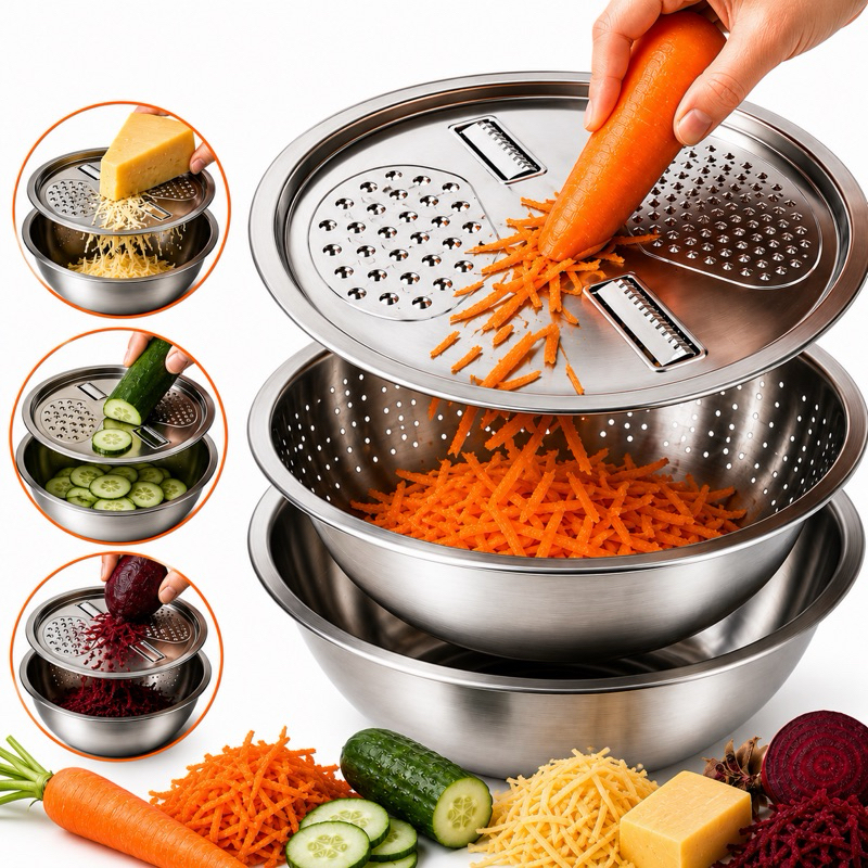 Tigela 3 em 1 Ralador Fatiador Escorredor Inox Bacia Legumes Queijo Manual Cozinha Prática