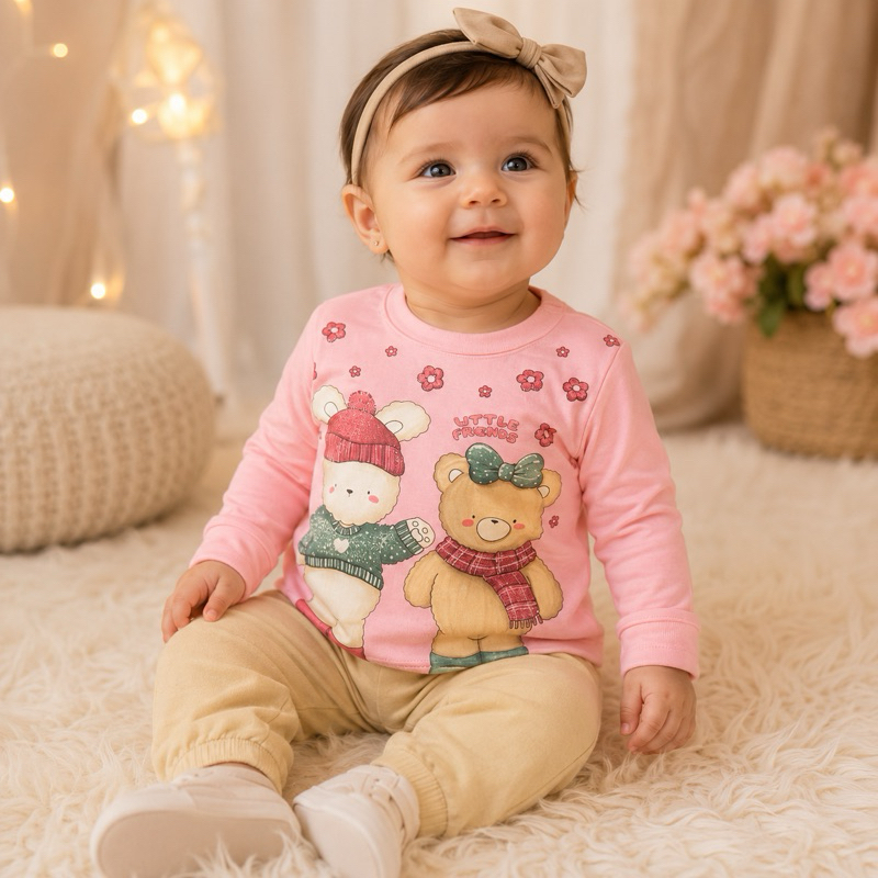 Conjunto Infantil Feminino Inverno Moletom Premium Brandili Ursinha e Coelhinha + Calça Rosa | Bebê Menina