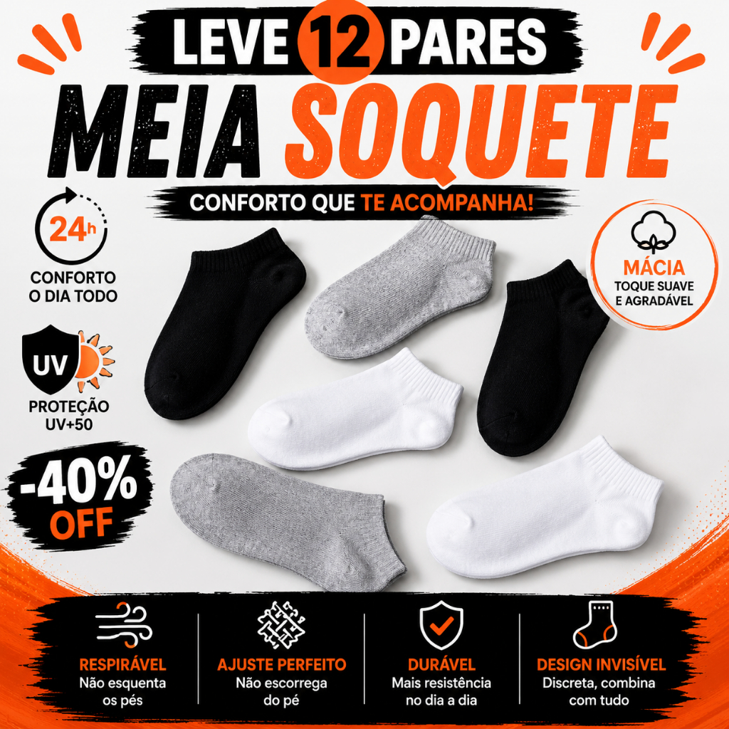 Kit Meia Soquete Unissex Sortida Preta Branca Cinza Cano Curto Invisível Macia Confortável